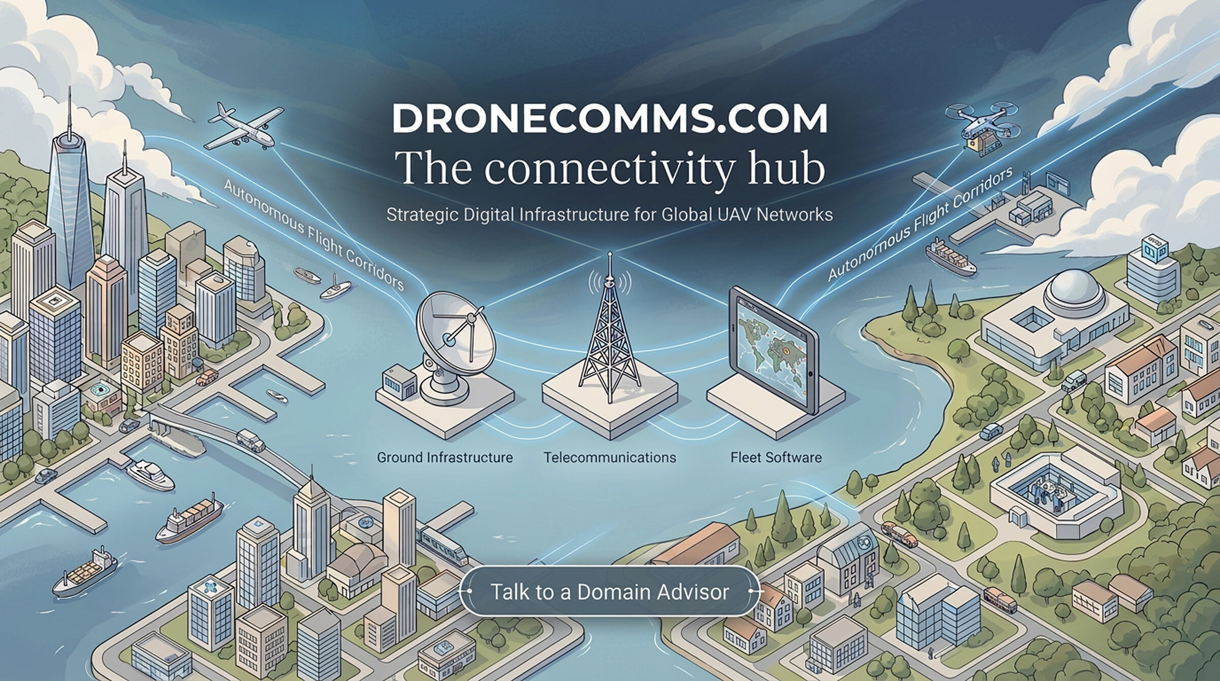 dronecomms.com bespoke for-sale lander — the connectivity hub for global UAV networks